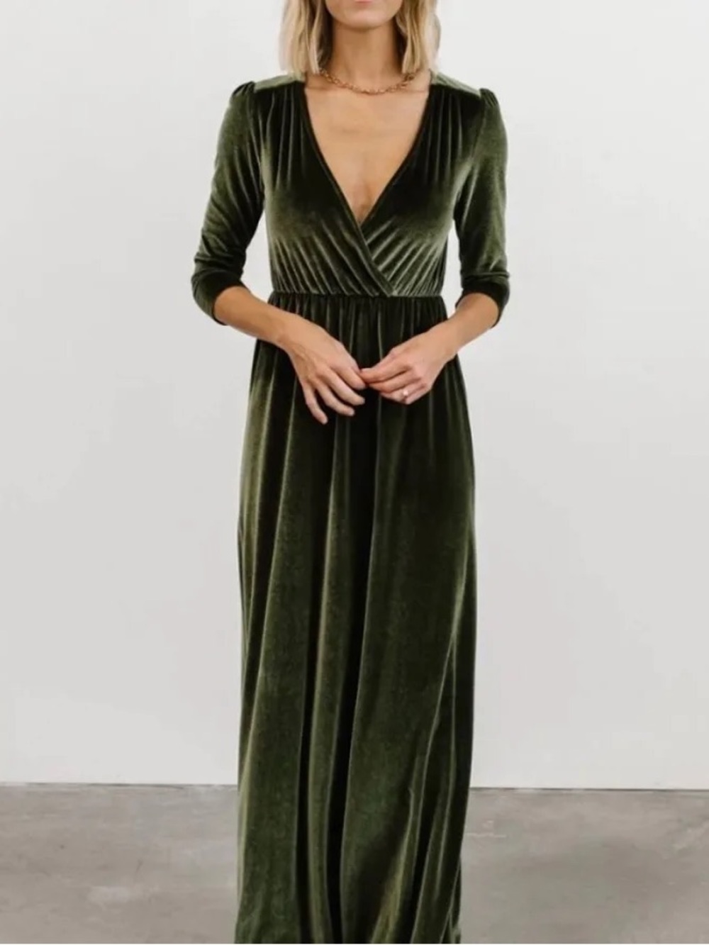 Olive Velvet Wrap Maxi Dress - V-Neck Long Sleeve